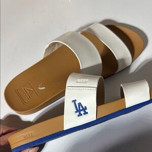 Reef White and Tan Slide Sandals